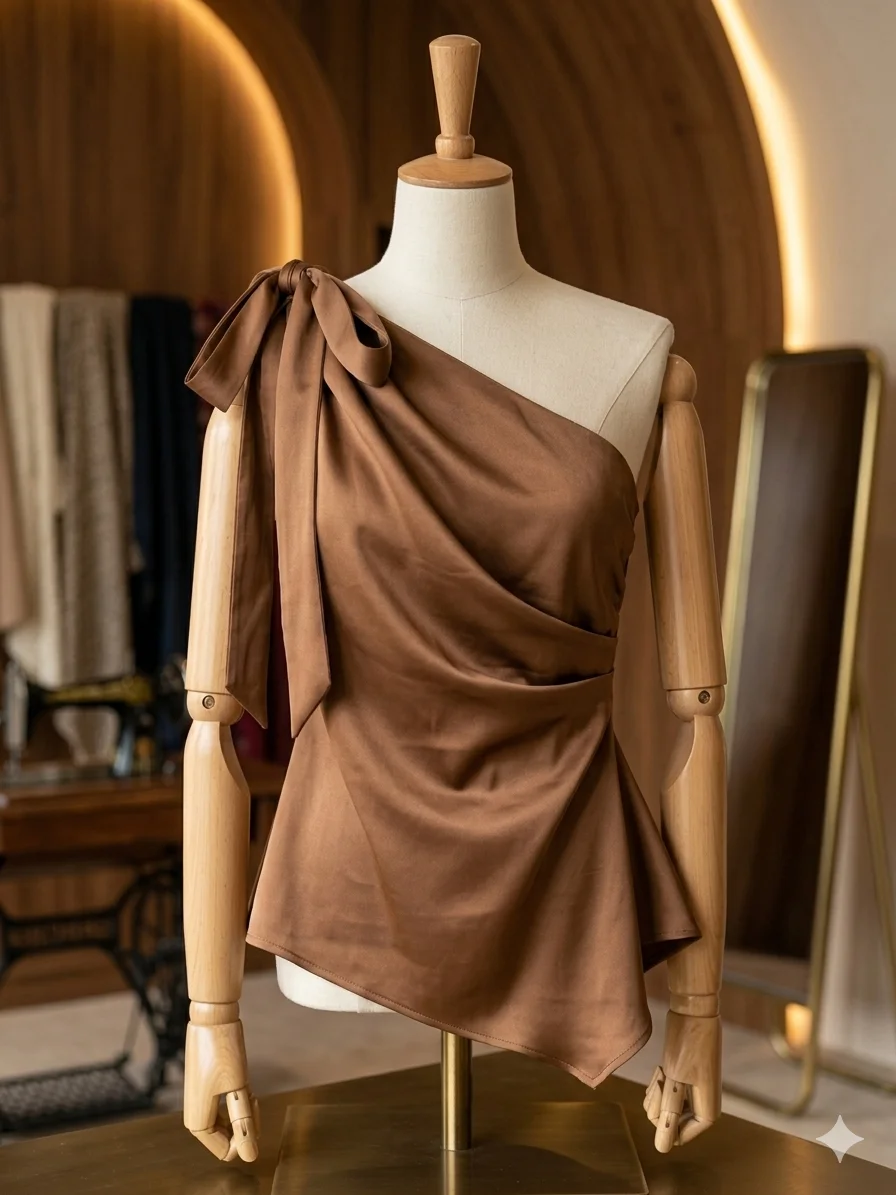Blusa Um Ombro Só com Laço em Cetim Marrom