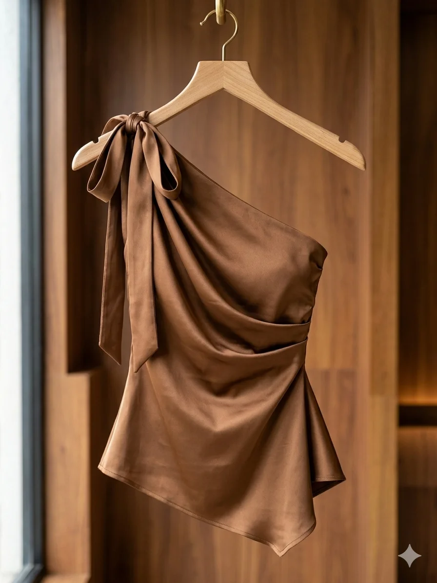 Blusa Um Ombro Só com Laço em Cetim Marrom