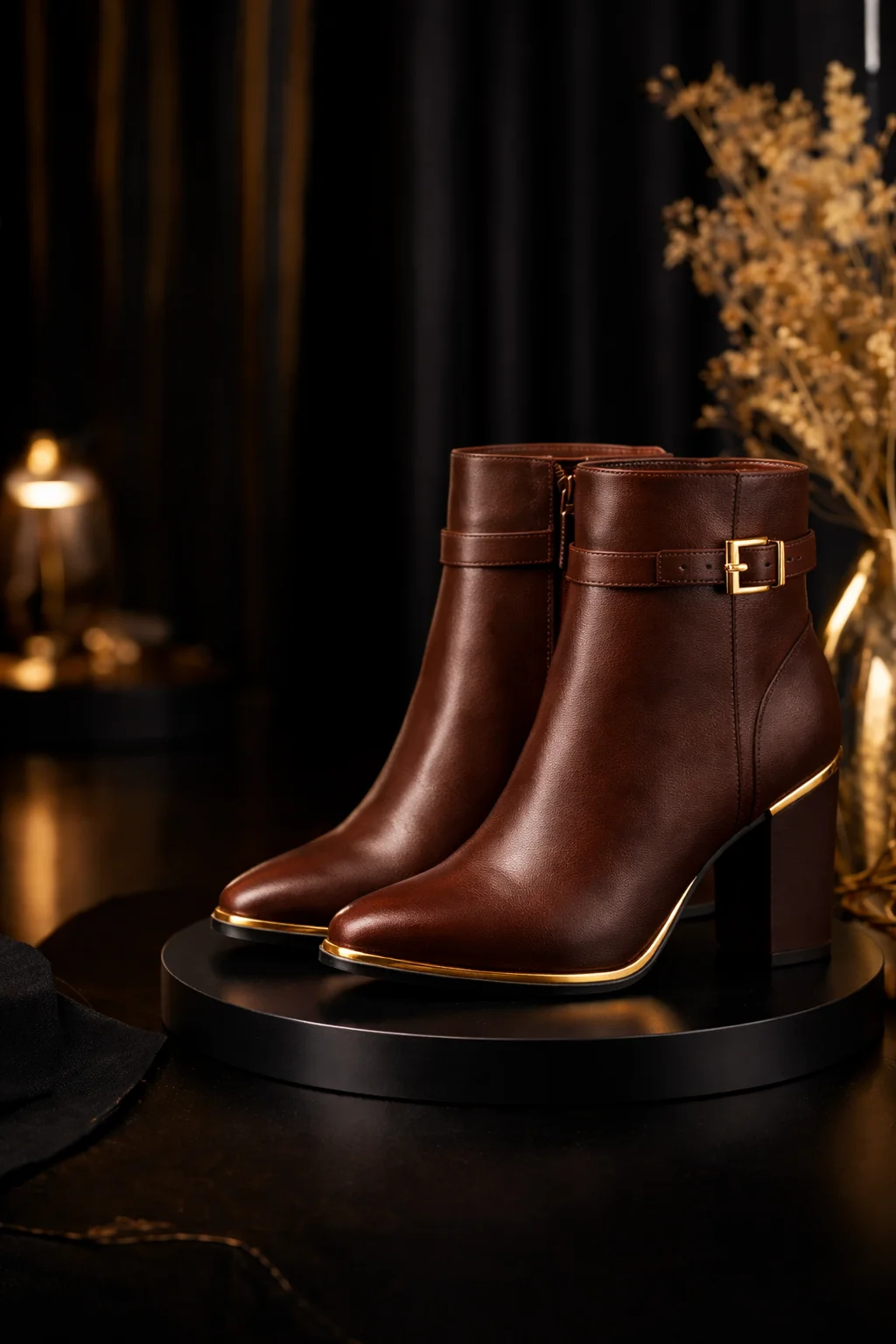 Bota Cano Curto em Couro Marrom com Detalhes Dourados