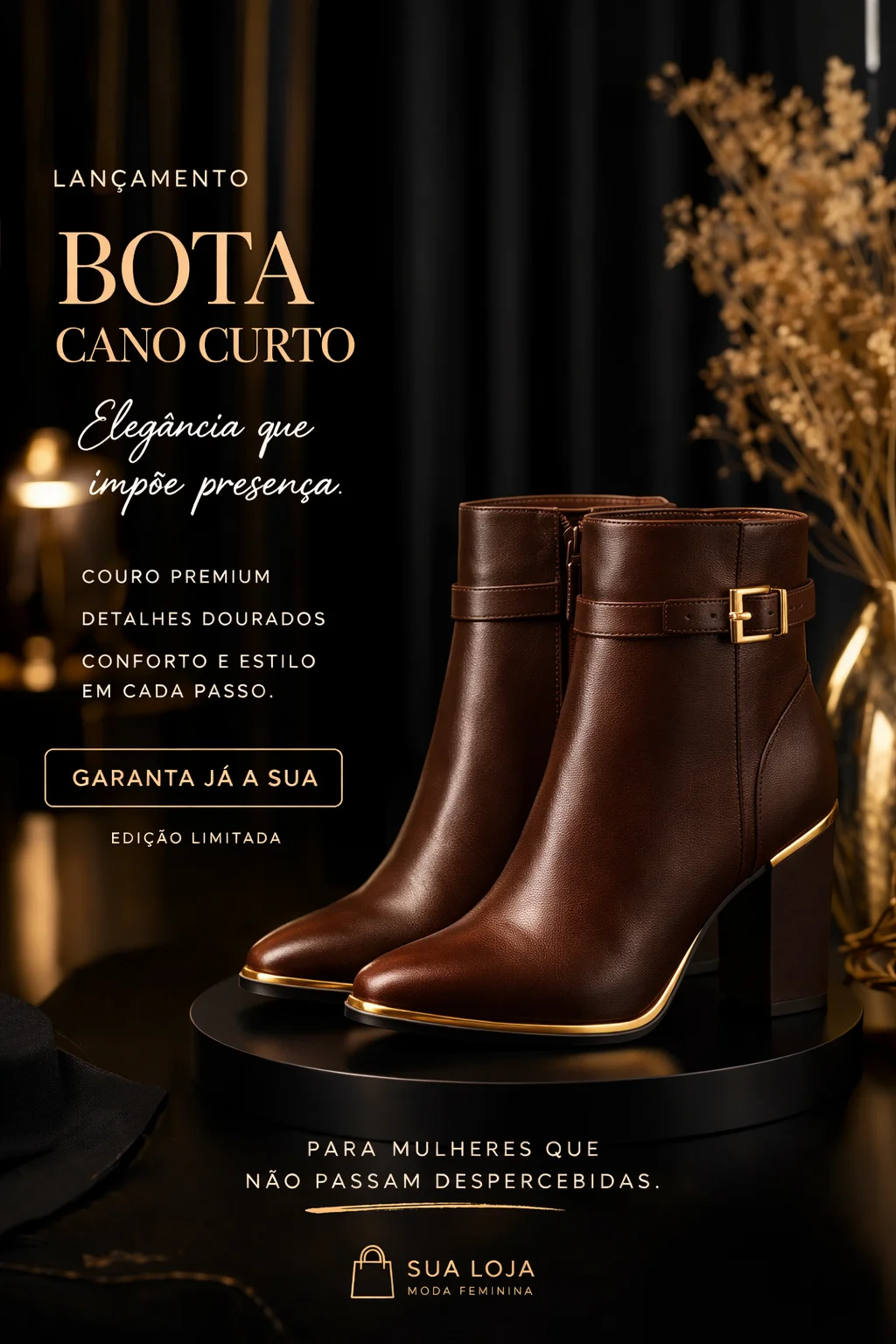 Bota Cano Curto em Couro Marrom com Detalhes Dourados