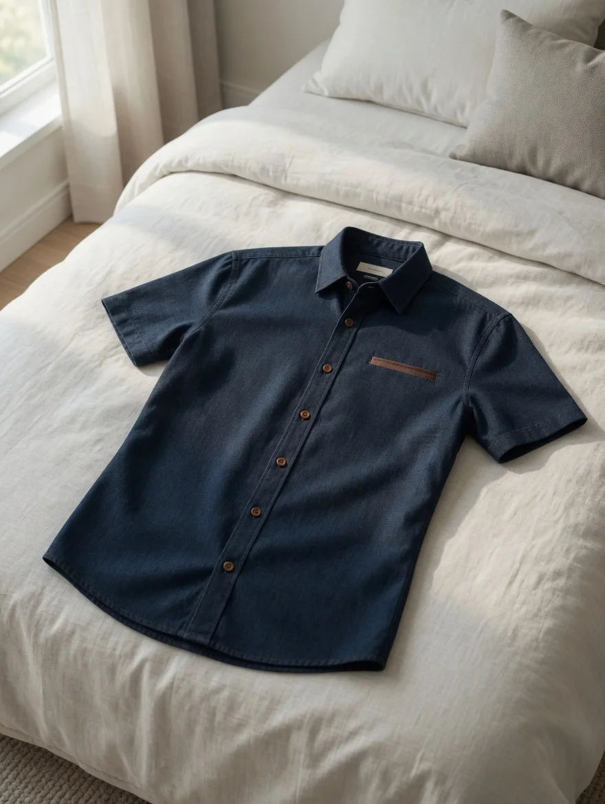 Camisa Social Slim - Denim Premium com Detalhe em Couro