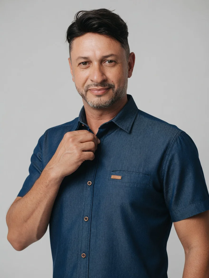 Camisa Social Slim - Denim Premium com Detalhe em Couro