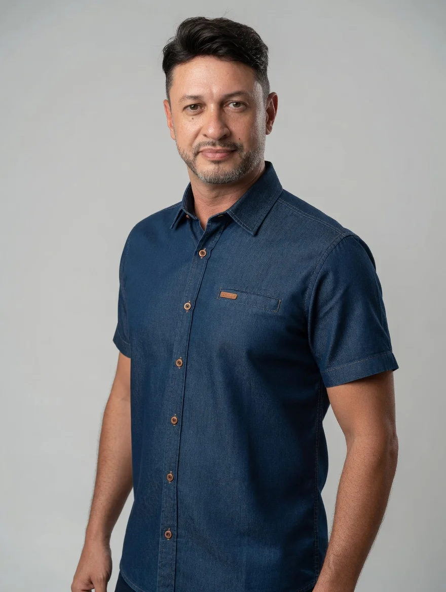 Camisa Social Slim - Denim Premium com Detalhe em Couro