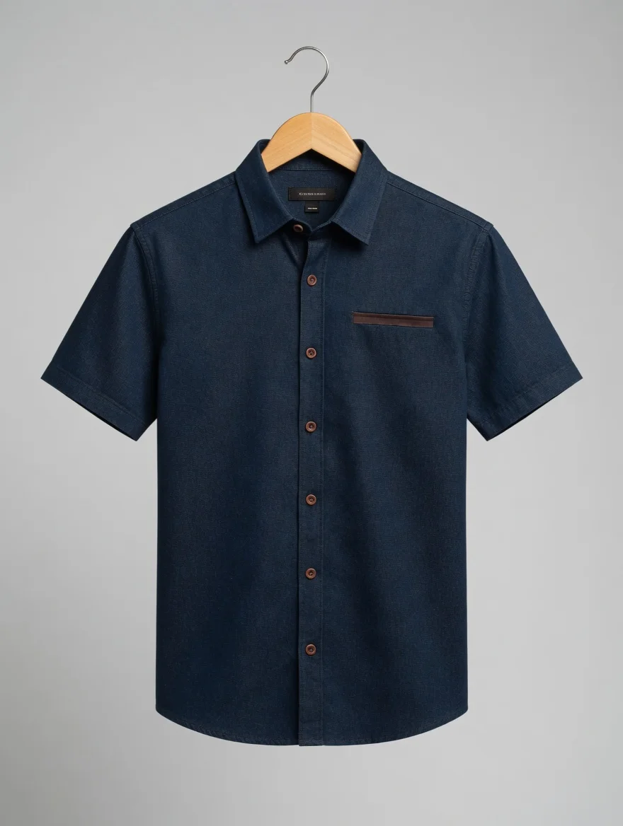 Camisa Social Slim - Denim Premium com Detalhe em Couro
