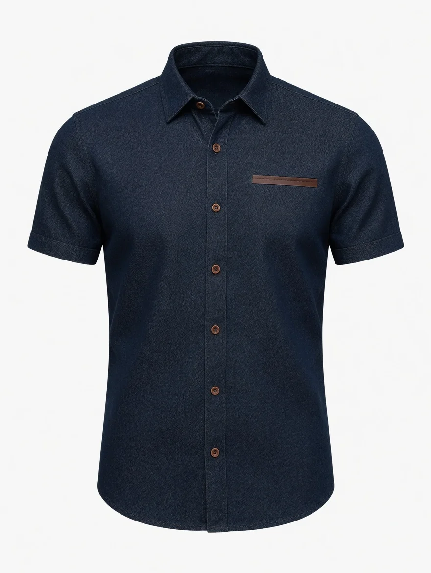 Camisa Social Slim - Denim Premium com Detalhe em Couro