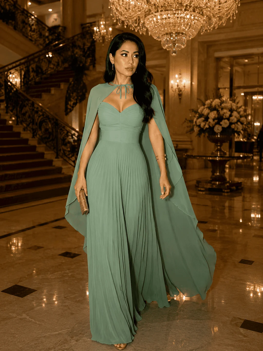 Vestido Longo Plissado Verde Sálvia com Capa Elegance