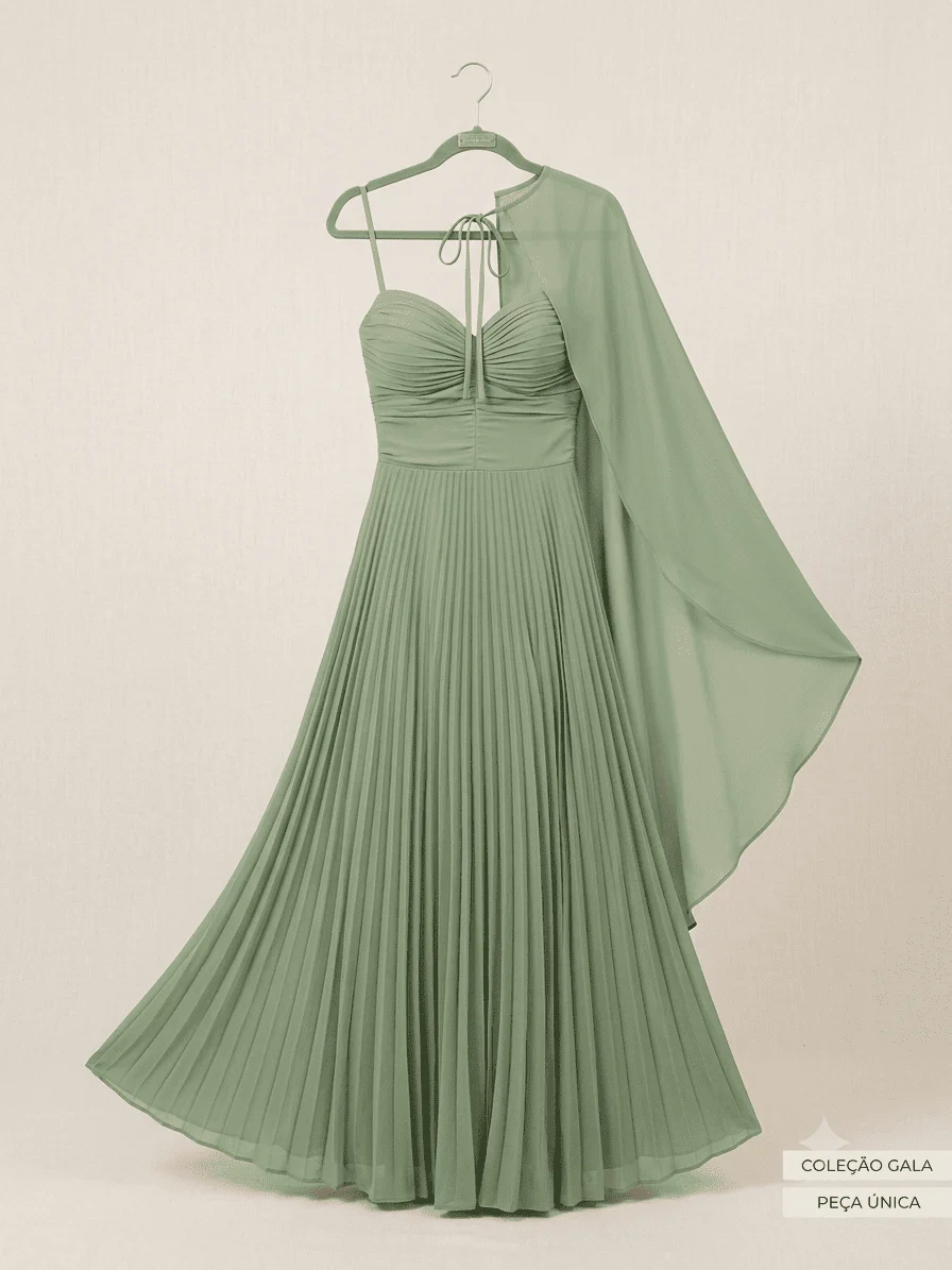 Vestido Longo Plissado Verde Sálvia com Capa Elegance