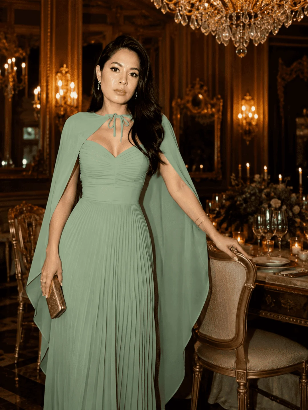 Vestido Longo Plissado Verde Sálvia com Capa Elegance